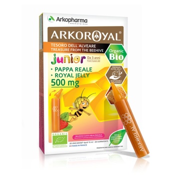 Arkoroyal® Junior matični mleček 500 mg vsebuje med in ekološko pridelan matični mleček. Je brez barvil, konzervansov in alkohola ter ima okus jagode in jabolka. Na voljo je v priročnih plastičnih ampulah, ki vsebujejo priporočen dnevni odmerek.